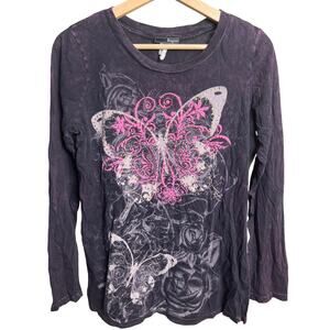 Ragzzz Women Butterfly Grunge Graphic Long Sleeve Purple